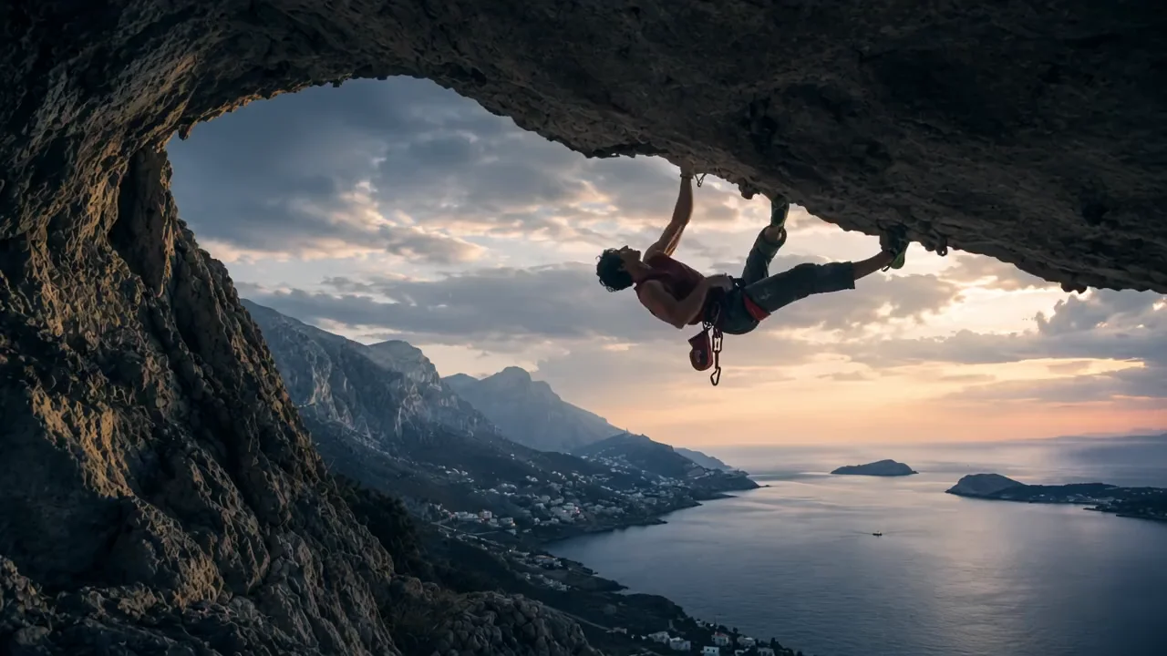 Climber reaching under an overhang